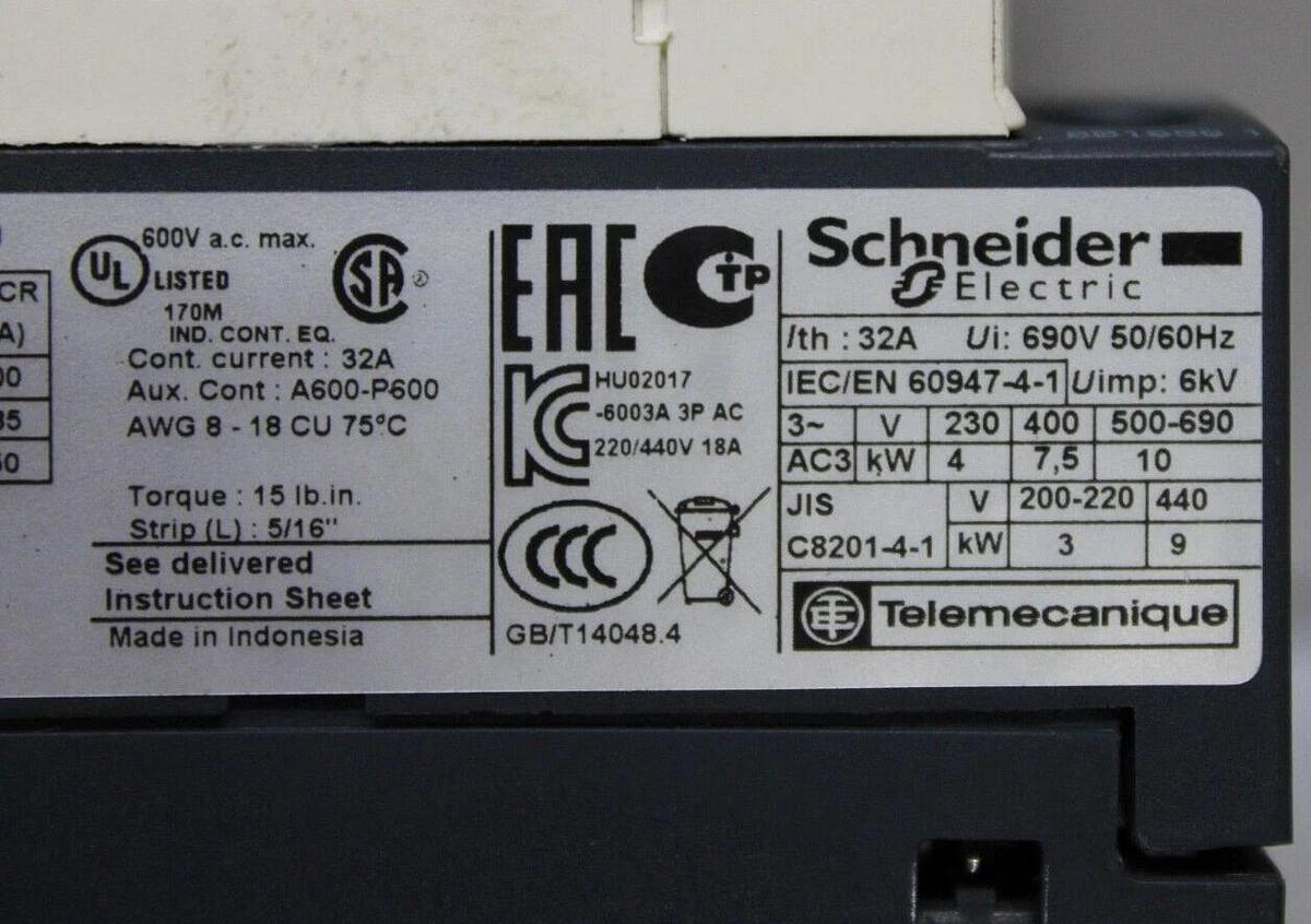 Used SCHNEIDER CONTACTOR LC1D18 32 AMP 600 VAC 3-POLE 3-PHASE 10 KW COIL: 120V