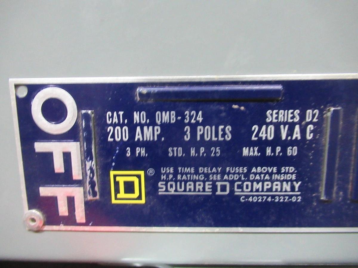 Used SQUARE D FUSIBLE PANELBOARD QMB-324 SER. D2 200 AMP 3-POLE 240 VAC 60 HP