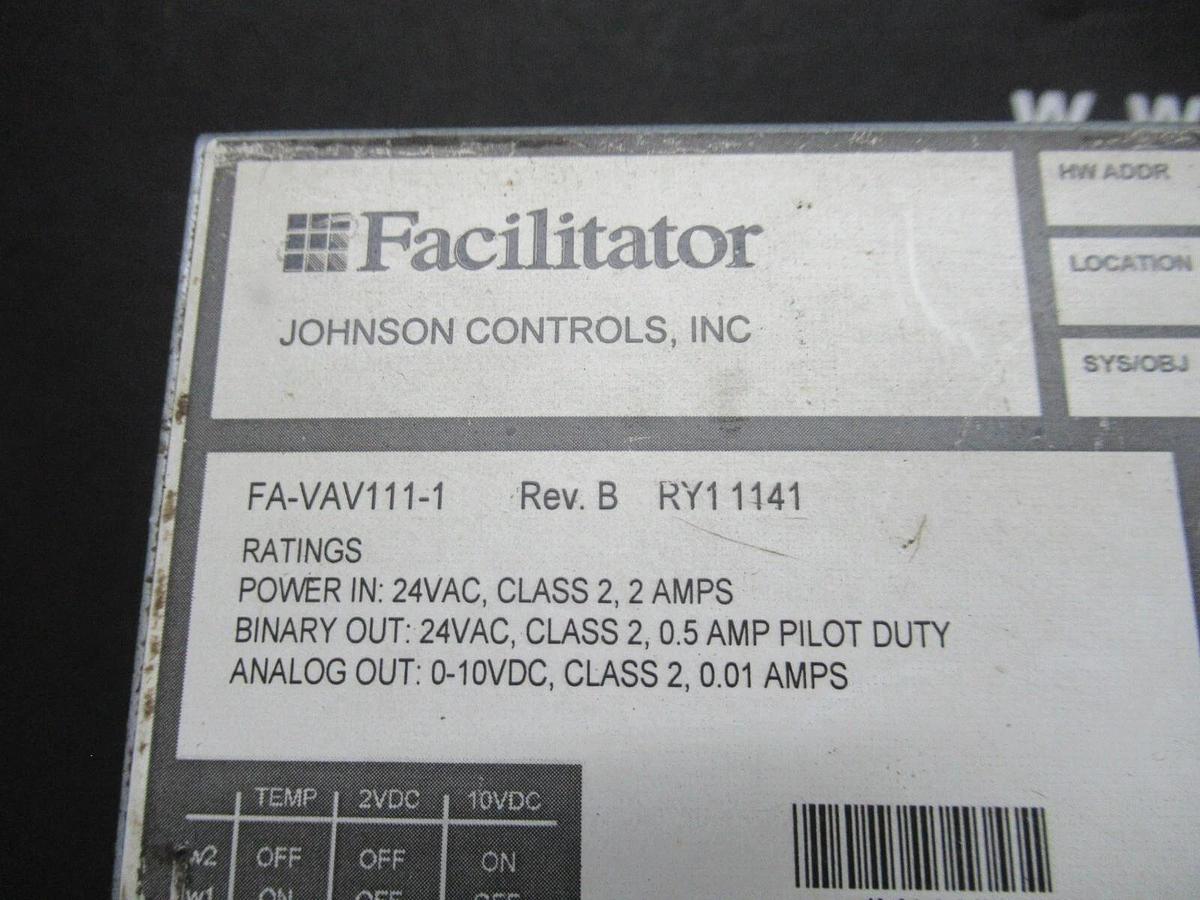 Used JOHNSON CONTROLS FACILITOR HVAC CONTROLLER FA-VAV111-1 REV. B 24 VAC 2 AMP