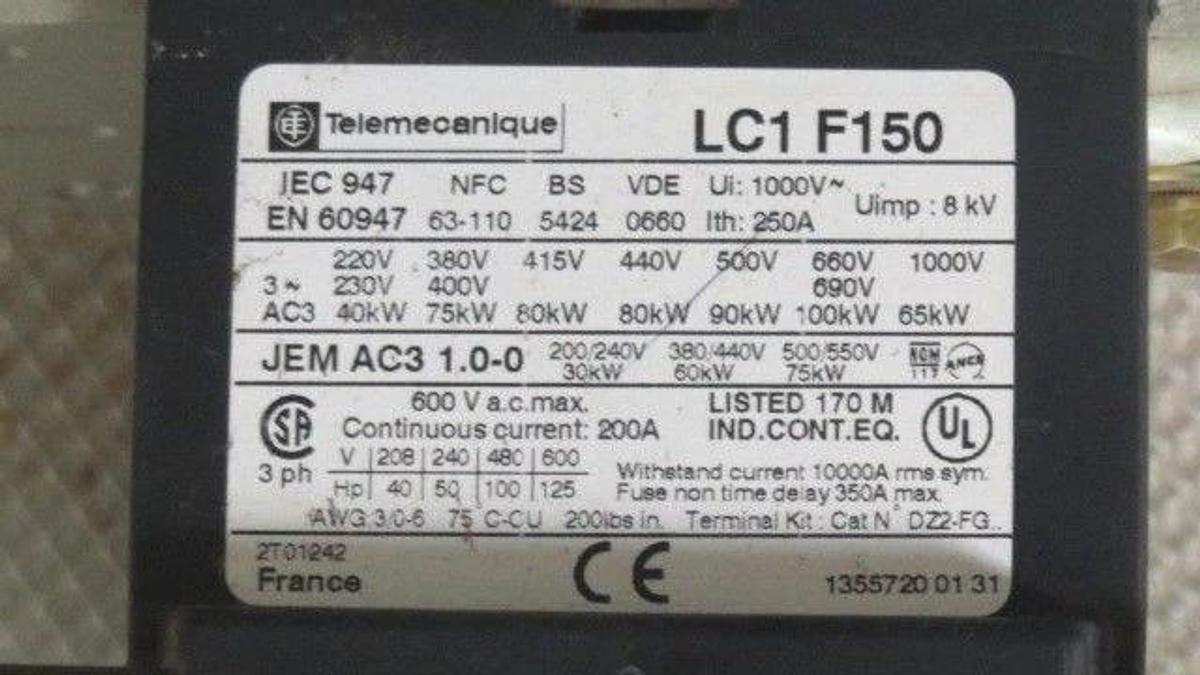 Used TELEMECANIQUE LC1F150 CONTACTOR LC1F150F6S088 200 AMP 600 VOLT 3-PHASE COIL 110V
