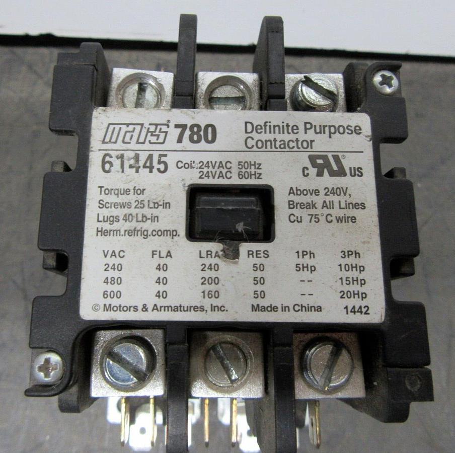 Used MARS 780 CONTACTOR 61445 600 VAC 40 AMP 3-PHASE 20 HP COIL: 24 VAC