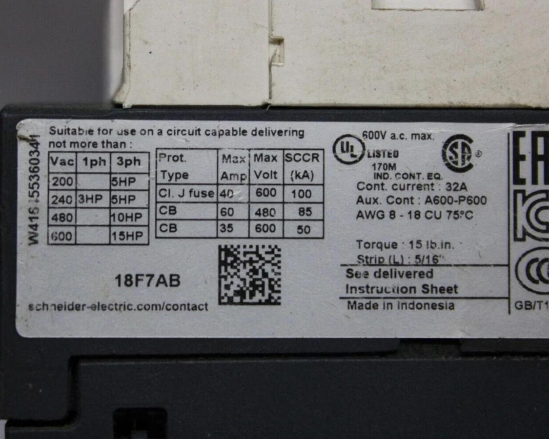 Used SCHNEIDER CONTACTOR LC1D18 32 AMP 600 VAC 3-POLE 3-PHASE 10 KW COIL: 110V