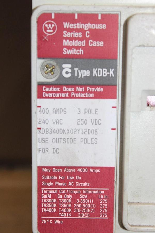 Used EATON MOLDED CASE SWITCH KDB3400KX02Y12D08 400 AMP 240 VAC 3-POLE *WARRANTY*