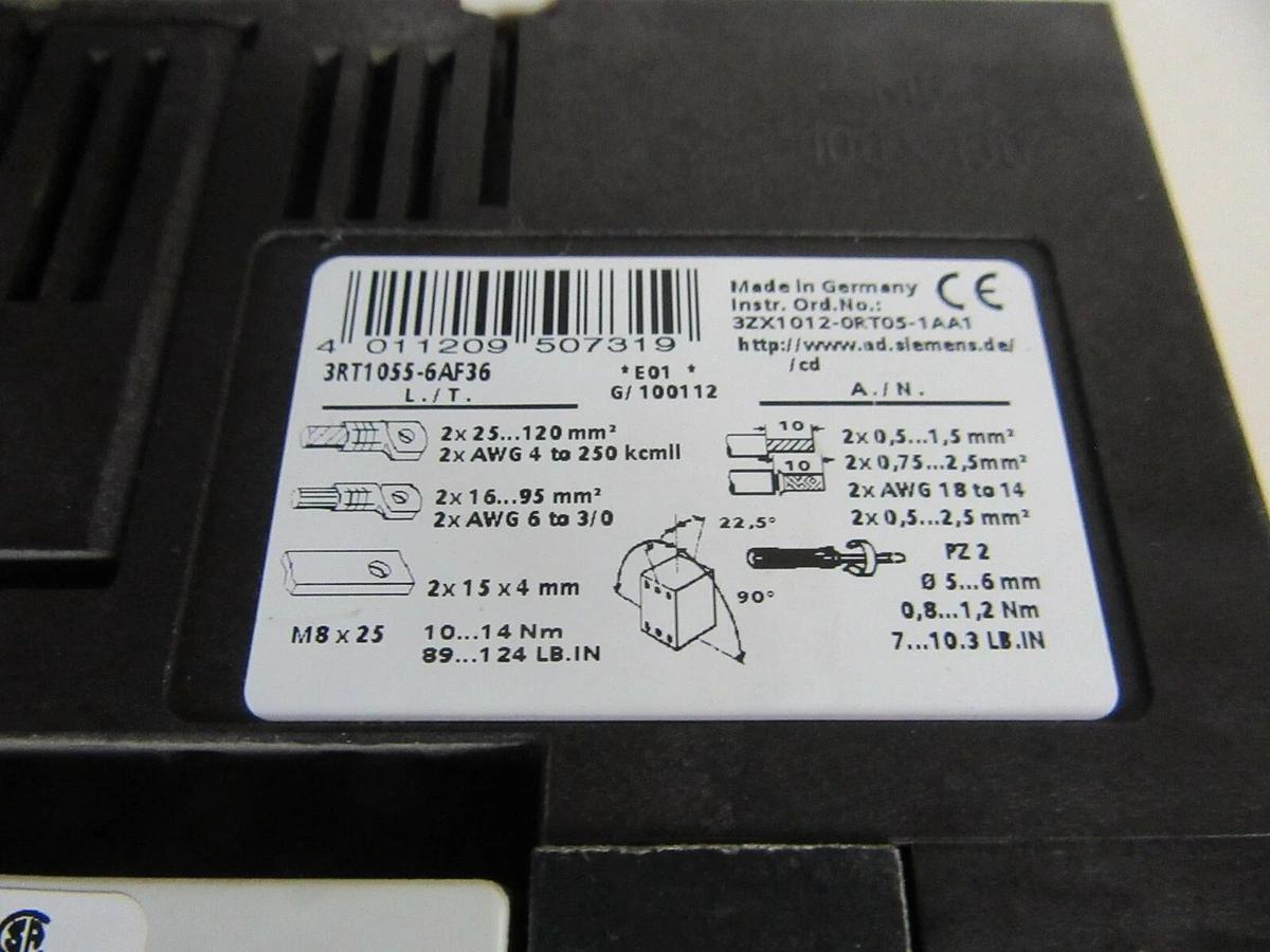 Used SIEMENS SIZE 4.5 SIRIUS STARTER 125 HP @ 460 V 3PH 195 A 120 V COIL 3RT1055-6