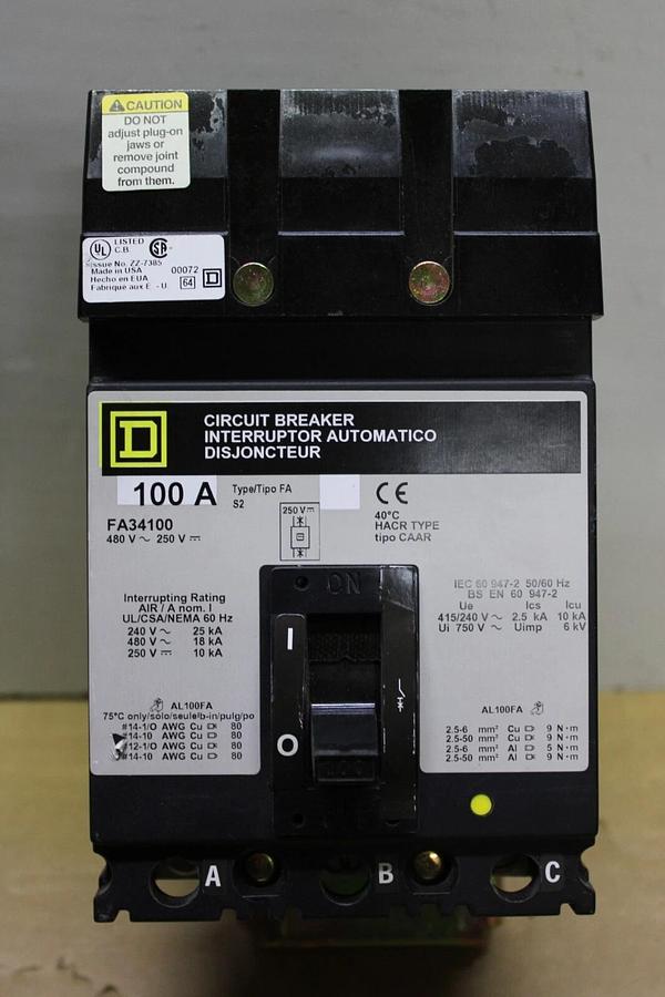 Used SQUARE D I-LINE CIRCUIT BREAKER FA34100 100 AMP 480 VAC 3-POLE **WARRANTY**