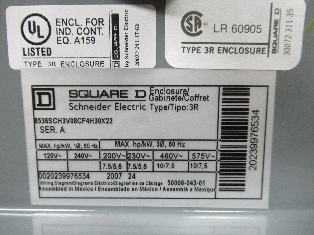 NEW SURPLUS SQUARE D COMBINATION STARTER 8536SCH3V08CF4H30X22 8536SCO3H30 NEMA 1