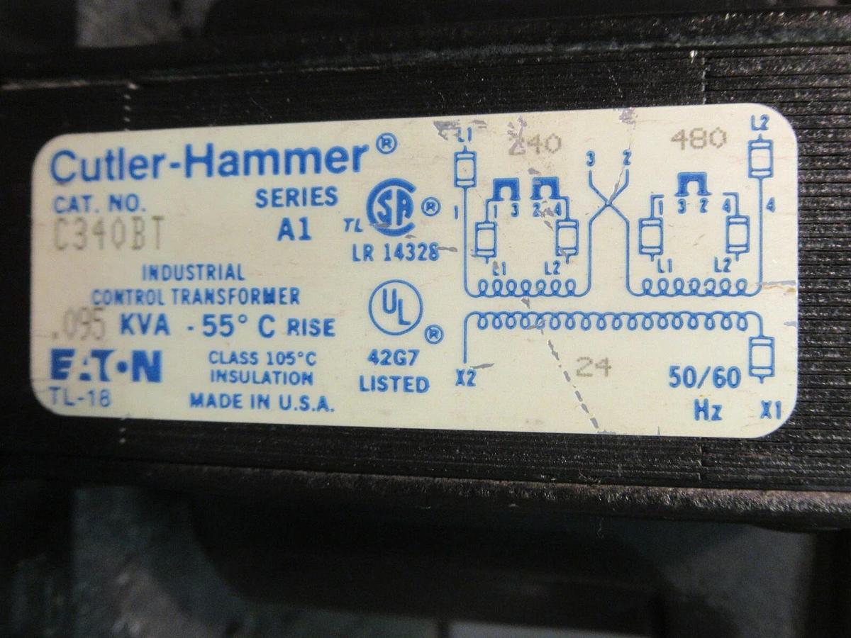 Used 0.095 KVA (95 VA) CUTLER HAMMER CONTROL TRANSFORMER 480/240 VAC 24 V C340BT