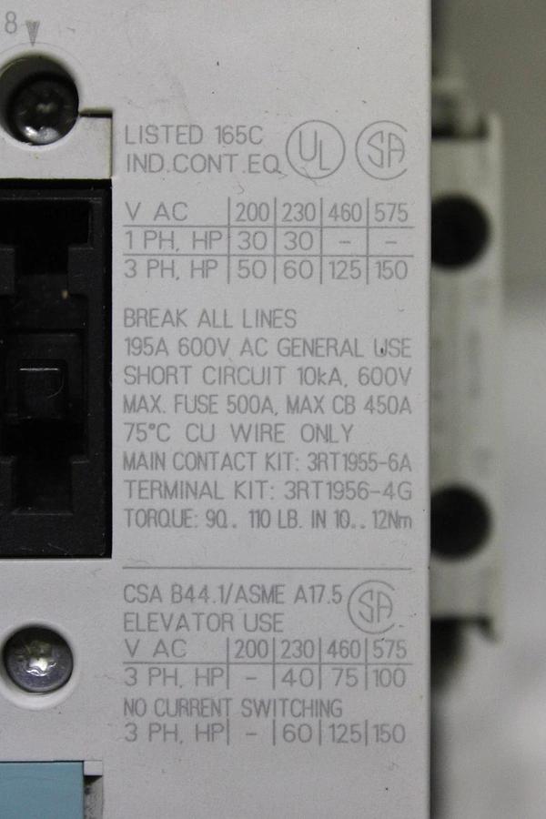 Used SIEMENS CONTACTOR 3RT1055-6...6 600 VAC 195 AMP 150 HP 3-POLE 3-PHASE COIL: 120V