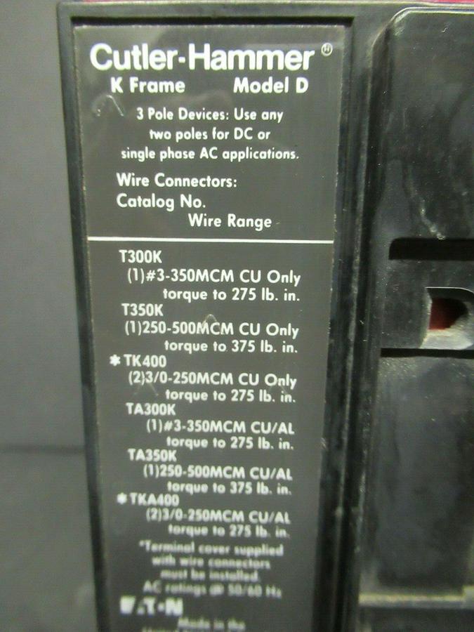 Used CUTLER-HAMMER CIRCUIT BREAKER KS36040YD KS-Y 400 AMP 600 VAC 3-POLE 3-PHASE