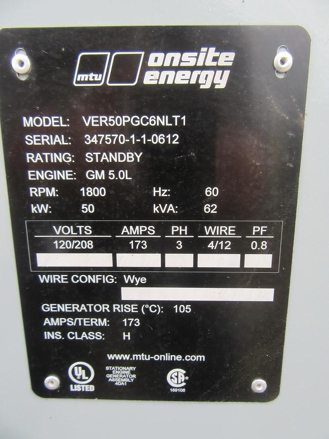 Used 50 KW GENERATOR MTU 5.0 NATURAL GAS / LP 120/208V 3 PH RE-CONNECTABLE 23 HRS