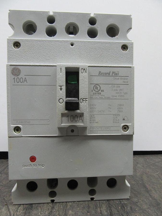 Used GE RECORD PLUS HACR BREAKER FBN36TE100R2 100 AMP 480 VOLT 600Y/347V 3-POLE