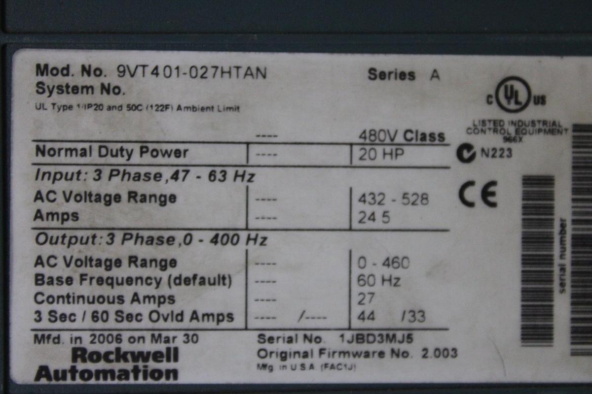 Used ROCKWELL VTAC9 VARIABLE SPEED DRIVE 9VT401-027HTAN 480V 3-PHASE 20HP 24.5 AMP