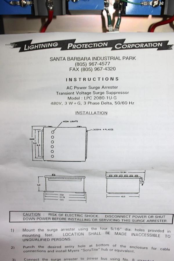 Used LIGHTNING PROTECTION CORP TRANSIENT VOLTAGE SURGE SUPPRESSOR LPC2080-1U-G 480V