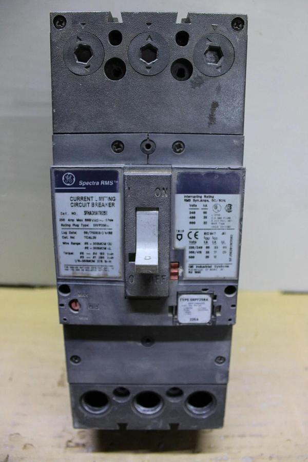 Used GE HI-BREAK CIRCUIT BREAKER SFHA36AT0250 225 AMP TRIP 600 VAC 3-POLE
