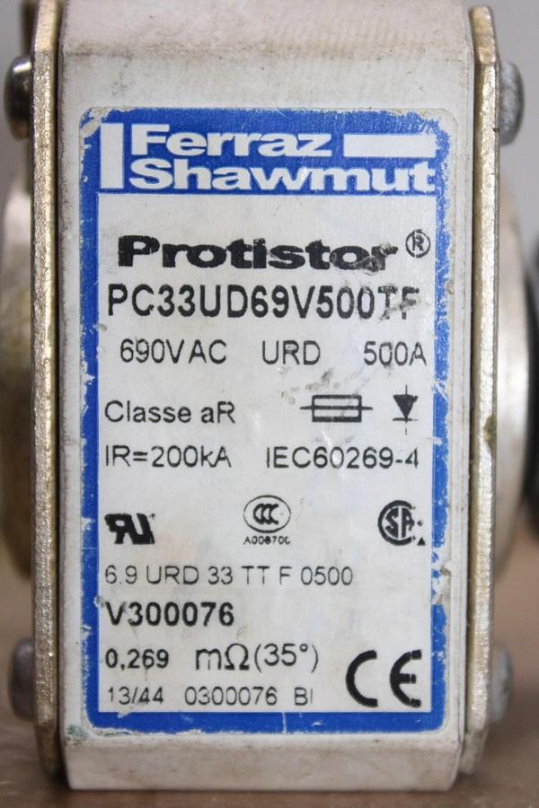 Used FERRAZ SQUARE BODY PROTISTOR FUSE PC33UD69V500TF 690 VAC 500 AMP **WARRANTY**