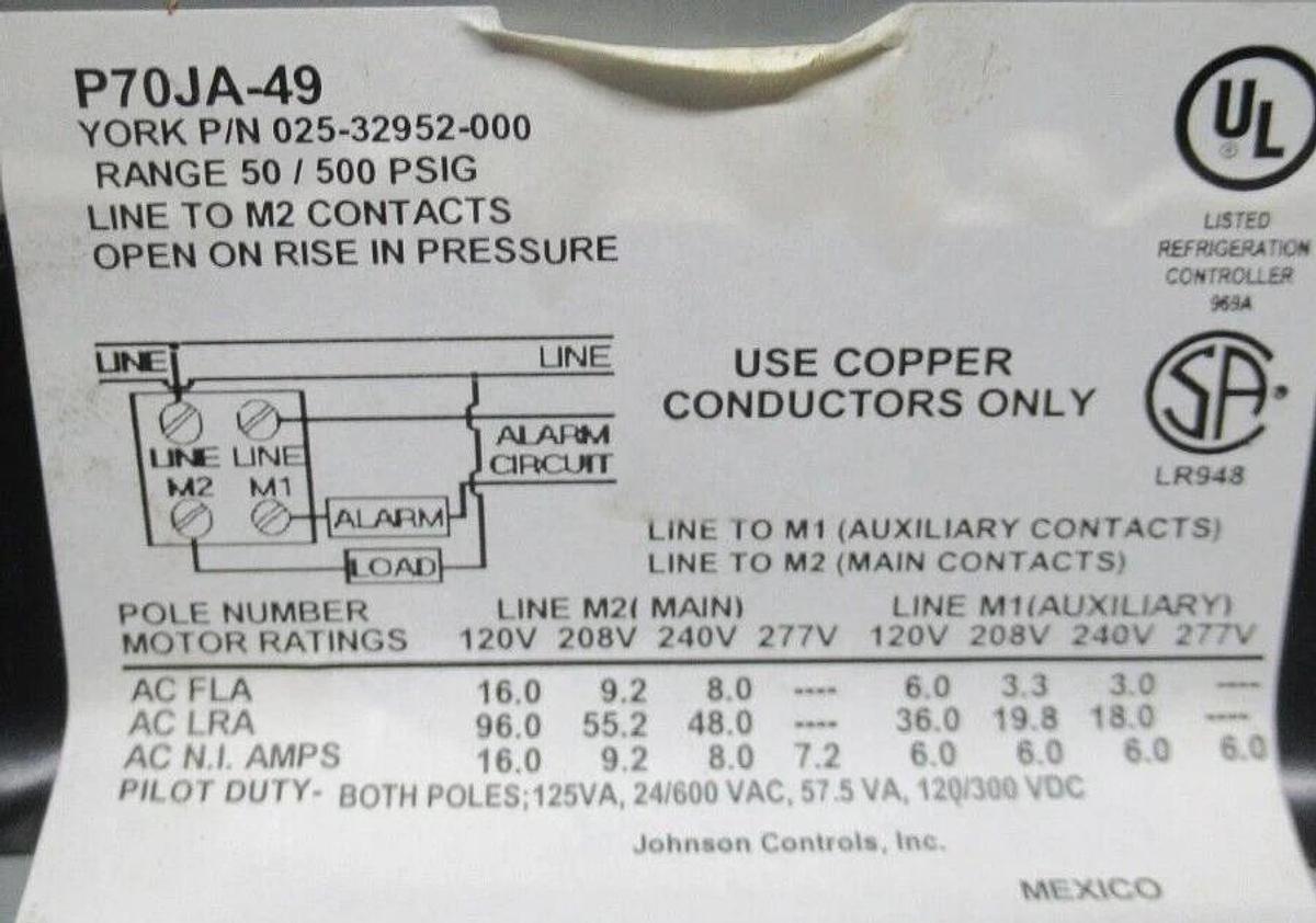 Used JOHNSON CONTROLS PRESSURE CONTROL P70JA-49 600 VAC 16 AMP 50/500 PSIG