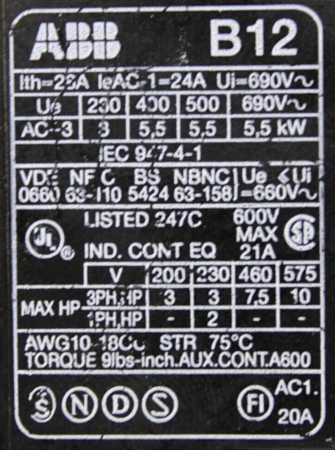 Used ABB CONTACTOR B12-30-10 20-28 AMP 600 VAC 10 HP 5.5 kW 3-POLE 3-PHASE COIL: 120V