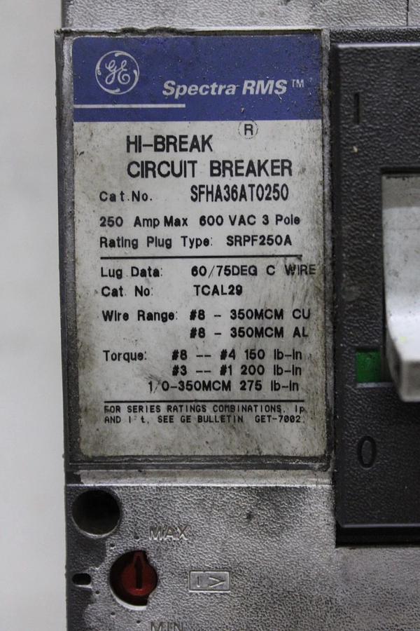 Used GENERAL ELECTRIC SPECTRA CIRCUIT BREAKER SFHA36AT0250 250 AMP 3-POLE 600 VAC