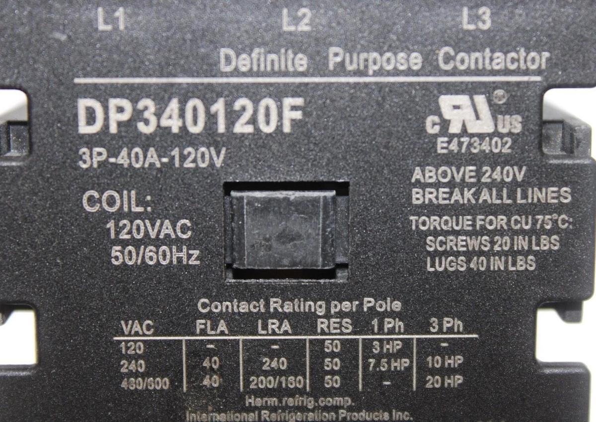Used IRP CONTACTOR DP340120F 40 AMP 3-POLE 600 VAC 3-PHASE COIL: 120 V