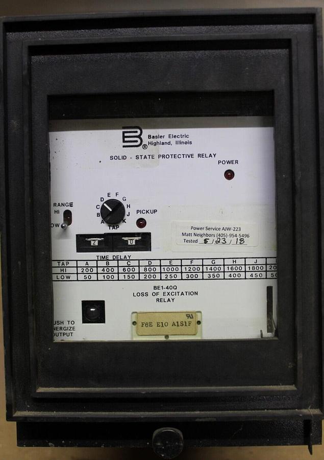 Used BASLER ELECTRIC LOSS OF EXCITATION SOLID STATE PROTECTIVE RELAY BE1-40Q