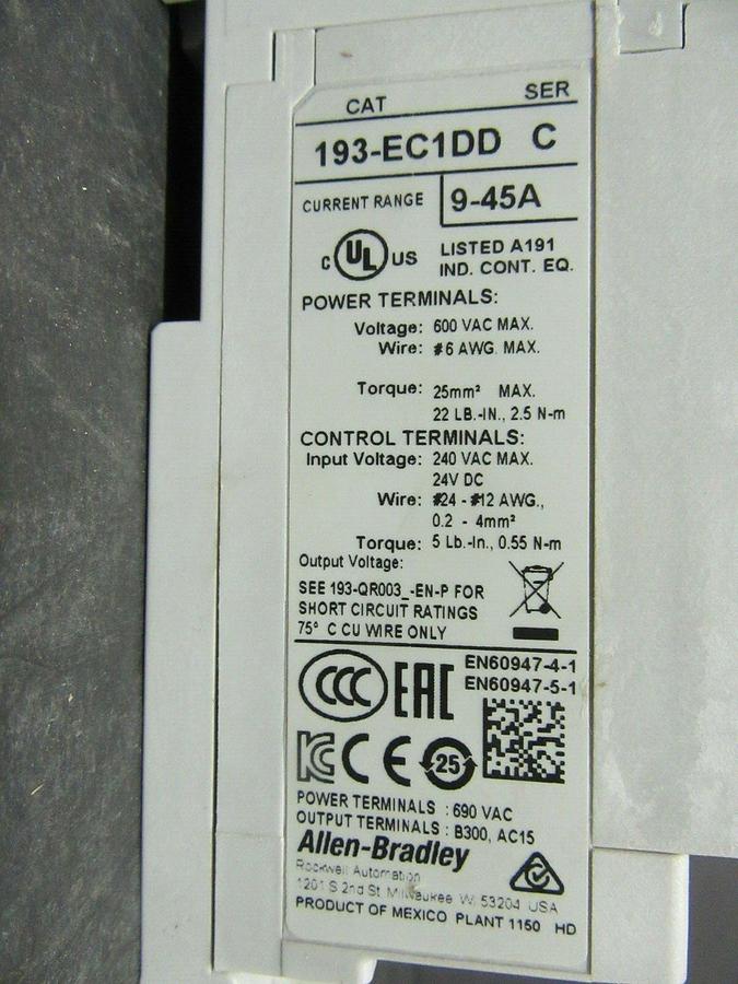 Used ALLEN BRADLEY SOLID STATE RELAY OVERLOAD 193-EC1DD SER. C 9-45 AMP **WARRANTY**