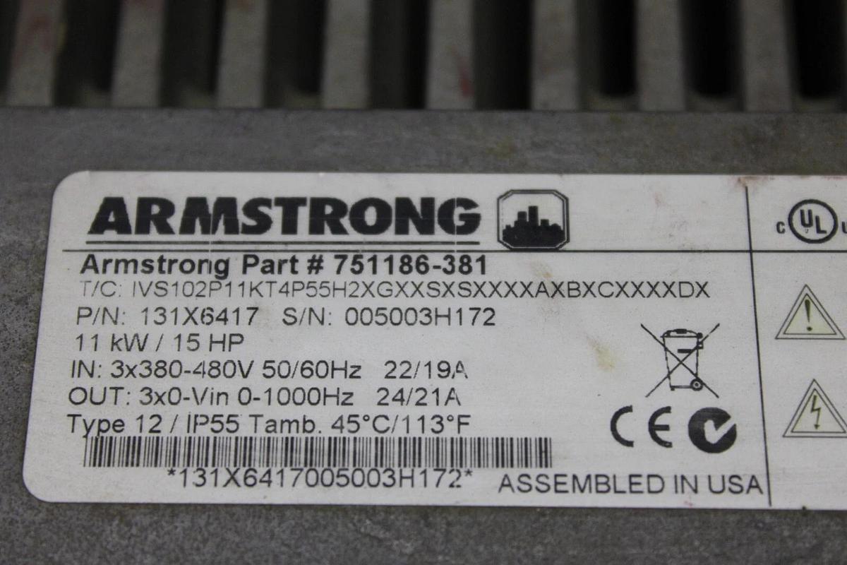 Used ARMSTRONG IVS VARIABLE SPEED DRIVE 751186-386 131X6417 11 kW 15 HP 480 VAC