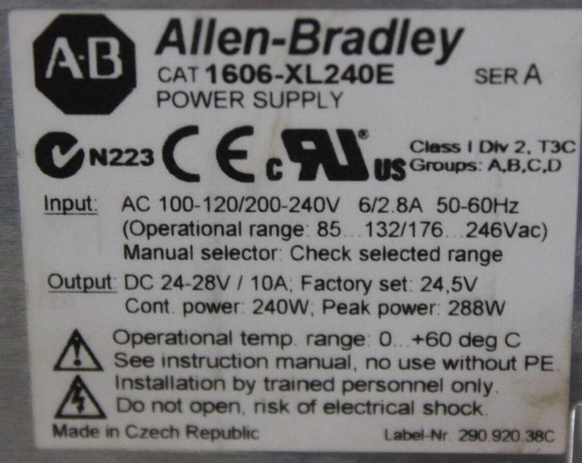 Used ALLEN BRADLEY POWER SUPPLY 1606-XL240E 240 VAC 6 AMP 288 WATT 50-60 HZ