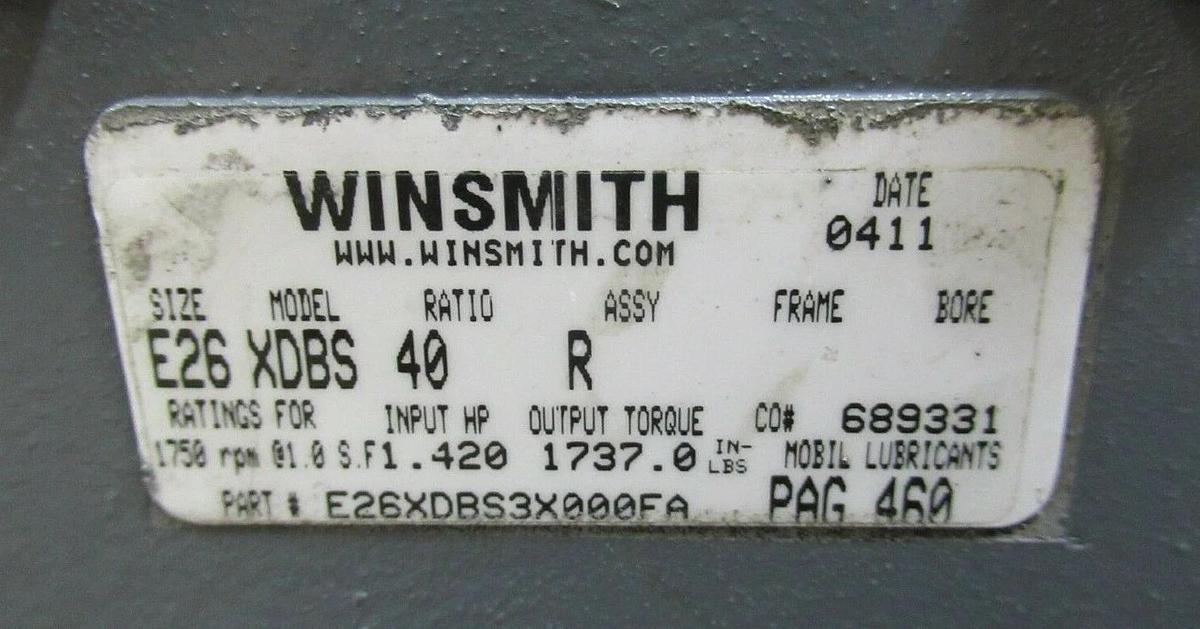 Used 1 HP SE ENCORE E26 WINSMITH XDBS 40:1 GEAR BOX W/ LEESON MOTOR & STEARNS BRAKE