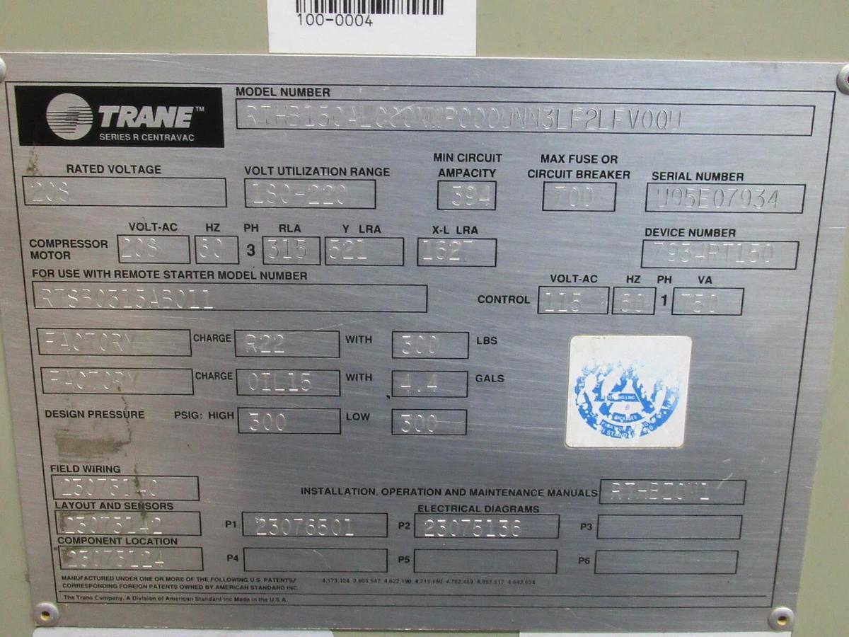 Used TRANE SERIES R CENTRAVAC CONTROL INTERFACE FOR RTHB150 CHILLER 208 VAC 3 PH R22