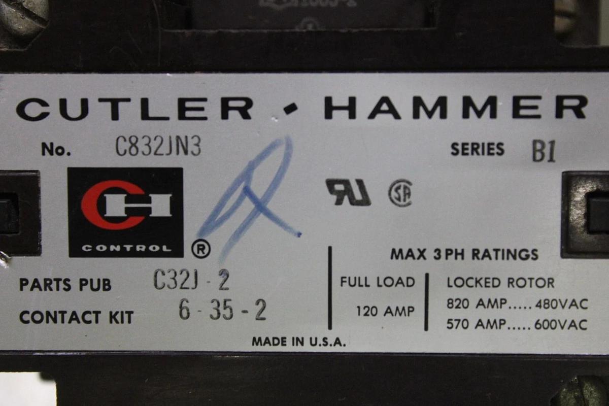 Used CUTLER-HAMMER CONTACTOR C832JN3 NEMA SIZE 3 120 AMP 600 VAC 3-POLE COIL: 120 V