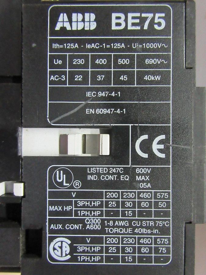 Used ABB CONTACTOR BE75 600 VAC 105 AMP 75 HP 3-PHASE 3-POLE COIL: 24 VDC