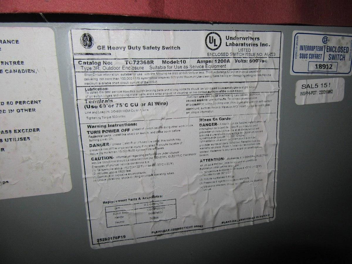 Used GE 1200 AMP HEAVY DUTY FUSIBLE SAFETY SWITCH 600 / 480 VAC CAT# TC72368R NEMA 3R