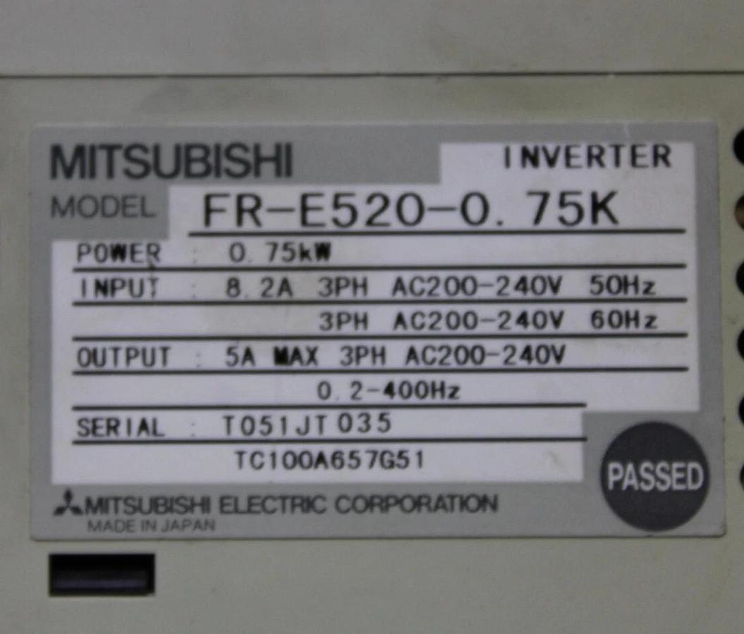 Used MITSUBISHI FREQUENCY INVERTER FR-E520-0.75K 0.75 KW 8.2 AMP 240 VOLT 3-PHASE