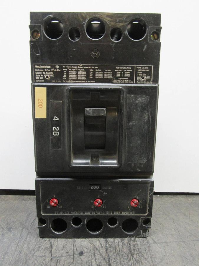 Used WESTINGHOUSE 3-POLE CIRCUIT BREAKER KA3225F 225 AMP FRAME 200 AMP TRIP 600 VAC