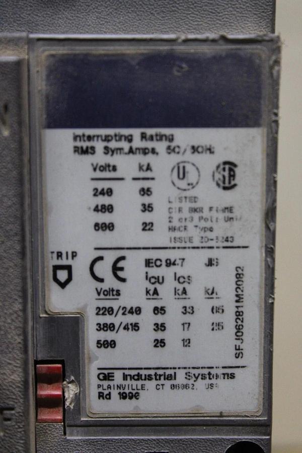 Used GE HI-BREAK CIRCUIT BREAKER SFHA36AT0250 225 AMP TRIP 600 VAC 3-POLE