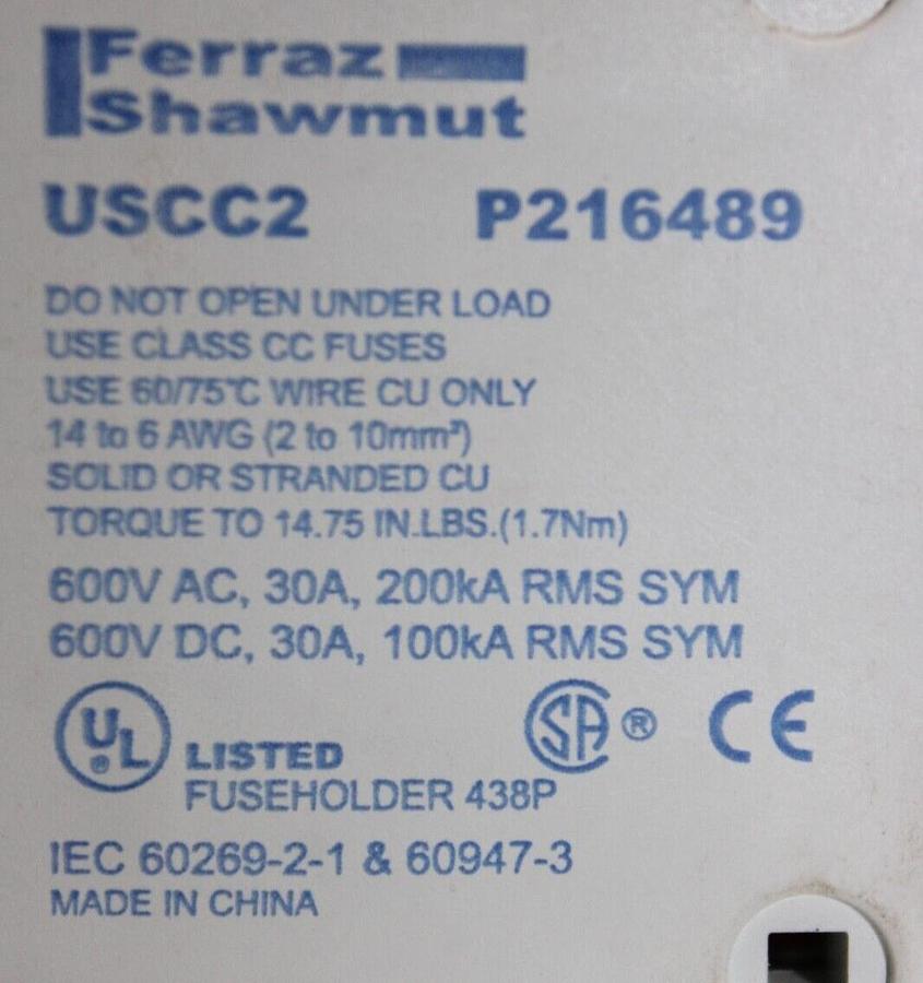 Used FERRAZ SHAWMUT ULTRASAFE FUSE HOLDER USCC2 P216489 2-POLE 600 VOLT 30 AMP