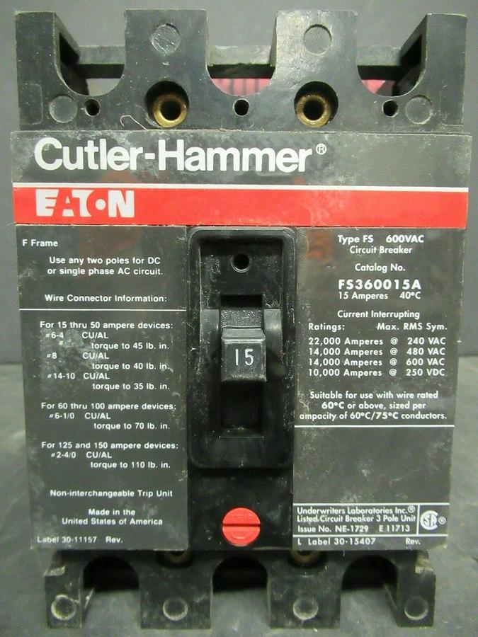Used 15 AMP CUTLER HAMMER BREAKER FS360015A 600 VAC 3 POLE