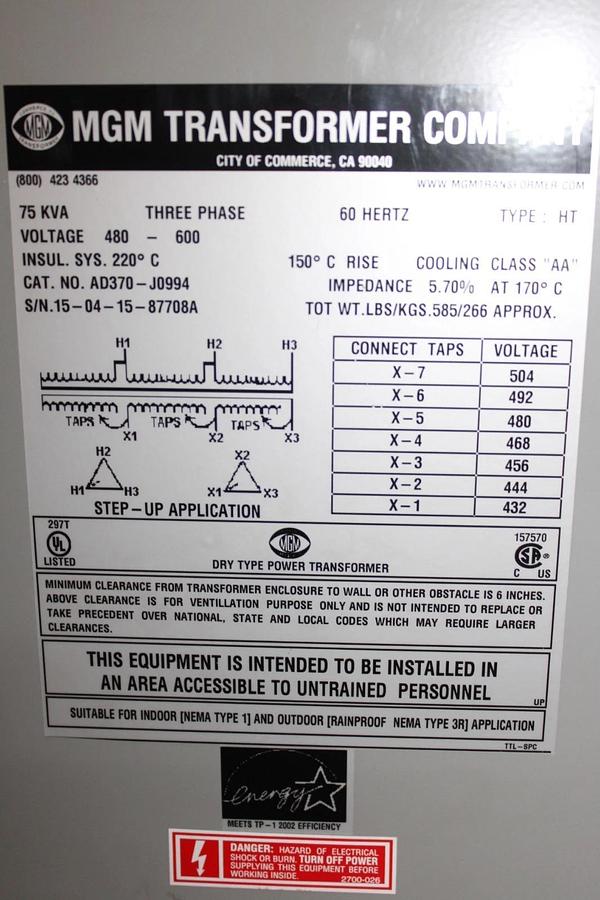 75 kVA MGM TRANSFORMER AD370-J0994 HIGH: 480V LOW: 600V 3-PHASE 60 HZ