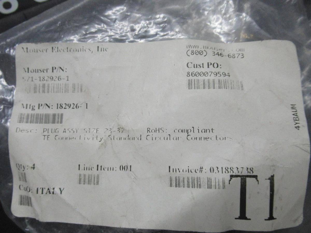 MOUSER ELECTRONICS PLUG ASSEMBLY 182926-1 SIZE: 23-37 STANDARD CIRCULAR CONNECT