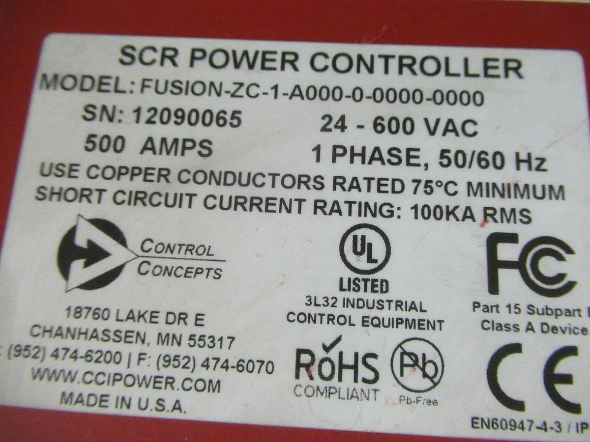 Used CONTROL CONCEPTS SCR POWER CONTROLLER FUSION-ZC 24-600 VAC 500 AMP SINGLE PHASE
