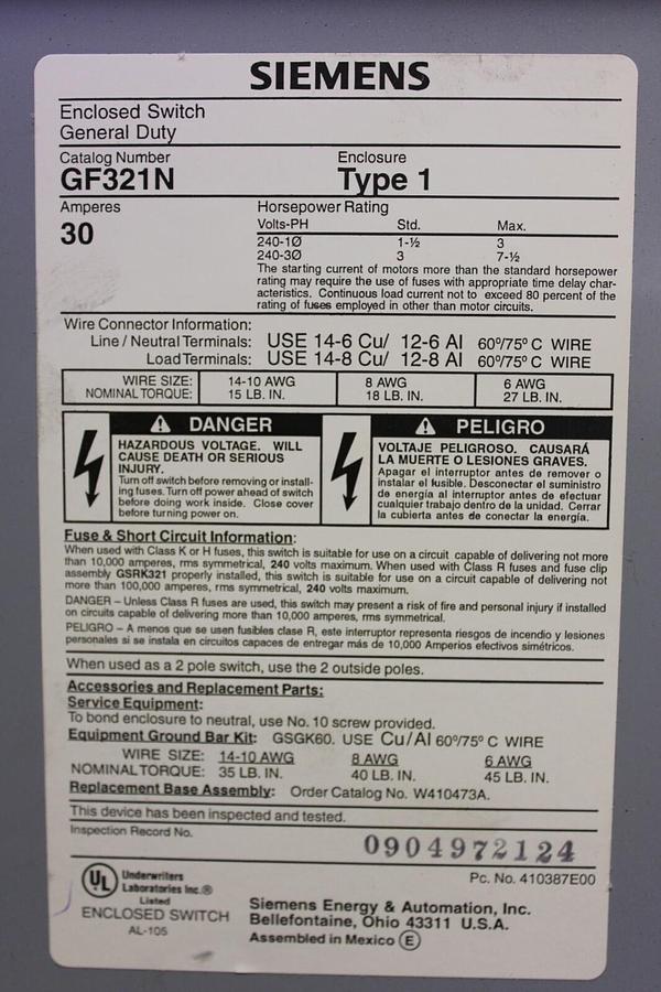 Used SIEMENS HEAVY DUTY ENCLOSED SWITCH GF321N 30 AMP 240 VAC TYPE 1 **WARRANTY**