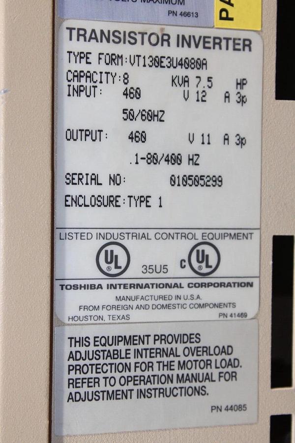 Used TOSHIBA 130E3 TRANSISTOR INVERTER VT130E3U4080A 8 KVA 460 VOLT 12 AMP