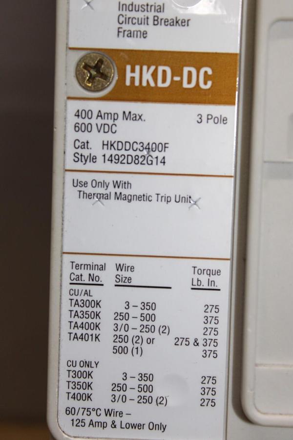Used CUTLER HAMMER DC BREAKER HKDDC3400F 300 AMP 600 VDC W/ SHUNT TRIP **WARRANTY**