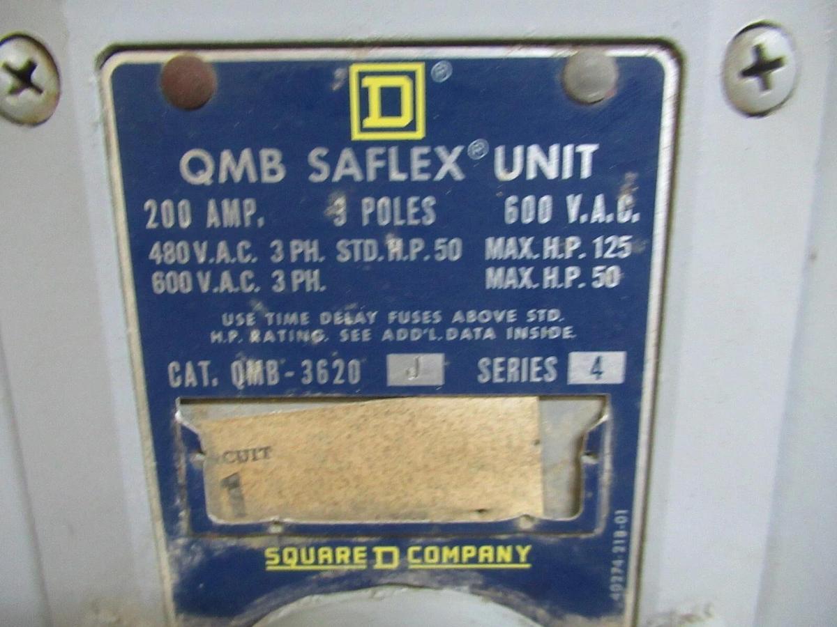 Used SQUARE D QMB SAFLEX UNIT QMB-3620-J 200 AMP 600 VAC 3-POLE 3-PHASE 125 HP