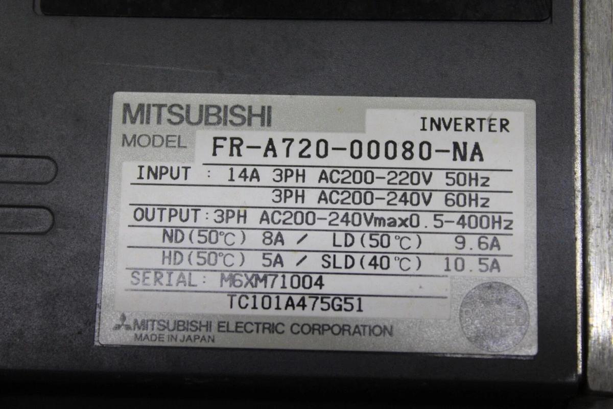 Used MITSUBISHI VARIABLE FREQUENCY INVERTER A700 FR-A720-00080-NA 240V 14A 3-PHASE