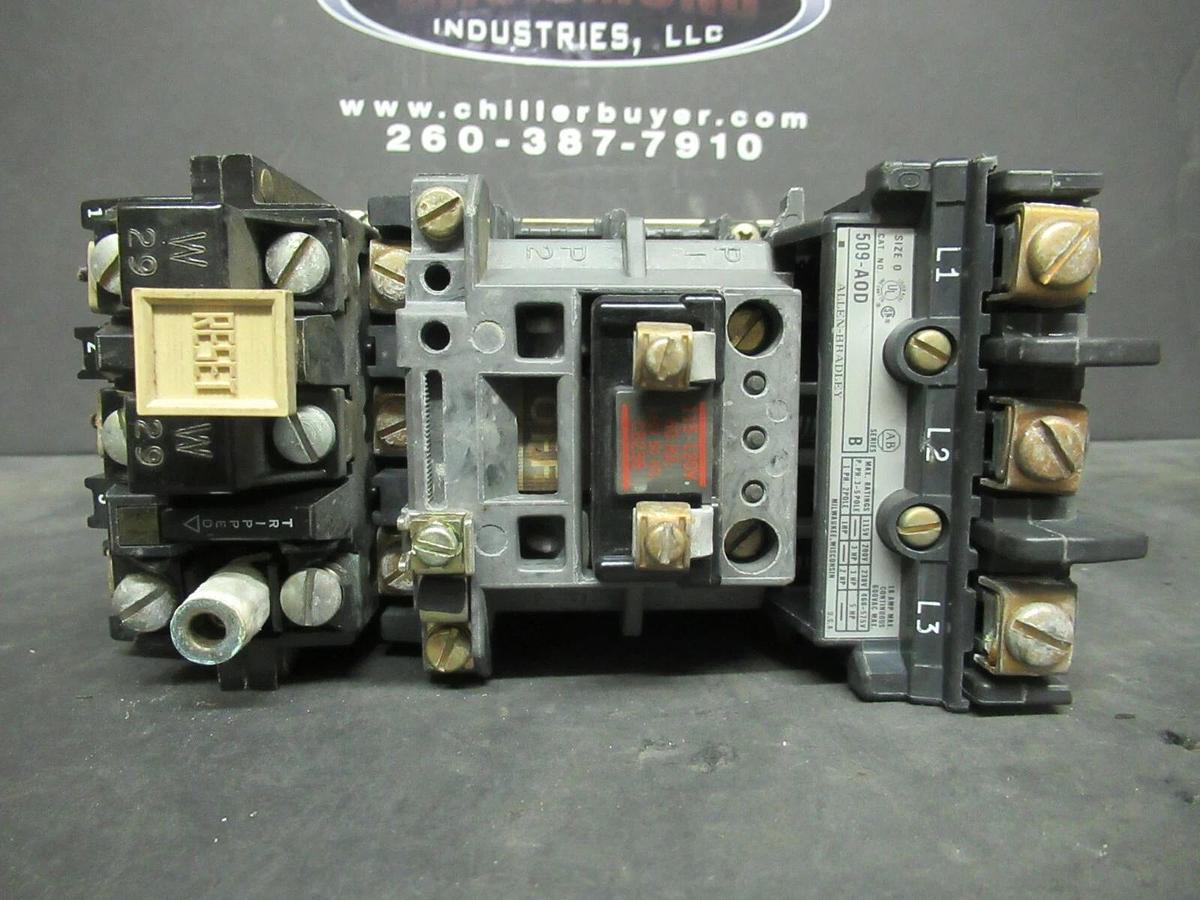 Used ALLEN BRADLEY STARTER 509-A0D SER. B 600 VAC 5 HP @ 460 VAC 18 AMP SIZE 0