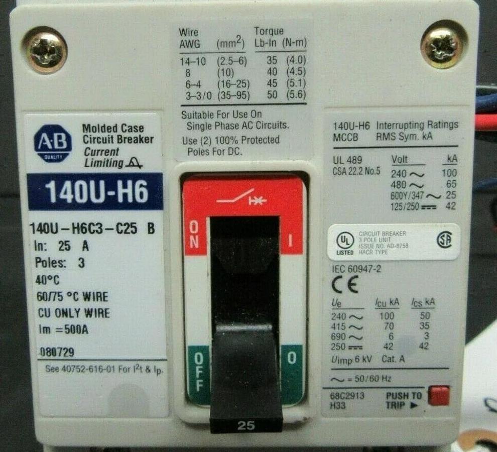 Used 25 AMP ALLEN BRADLEY BREAKER 140U-H6C3-C25 3 POLE 600 VAC **WARRANTY INCLUDED**