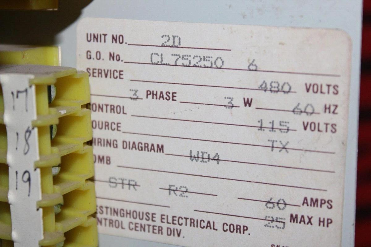 Used WESTINGHOUSE MCC MOTOR CONTROL BUCKET FREEDOM 2100 24" SIZE 2 CL75250