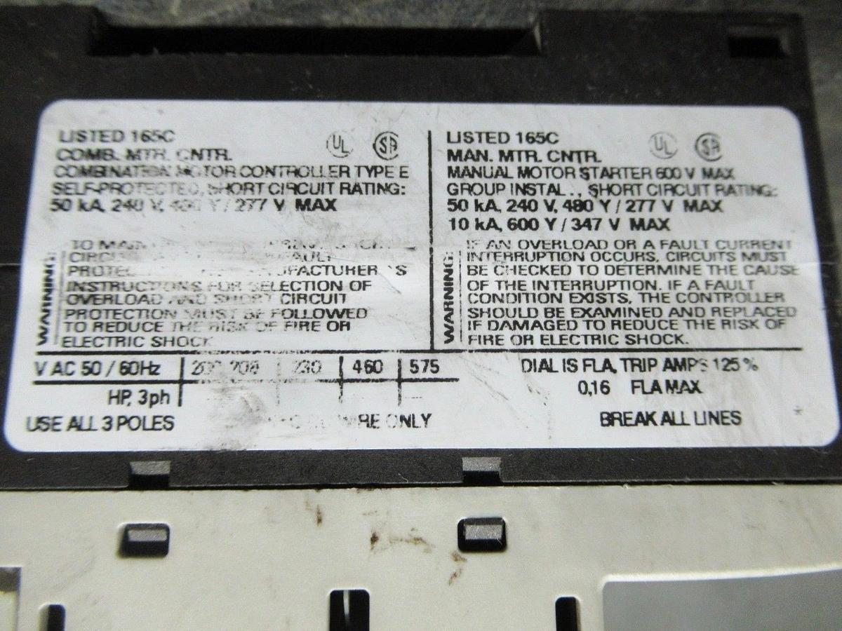 Used SIEMENS MANUAL MOTOR START 3RV1011-0AA15 600V 0.16A **WARRANTY INCLUDED**