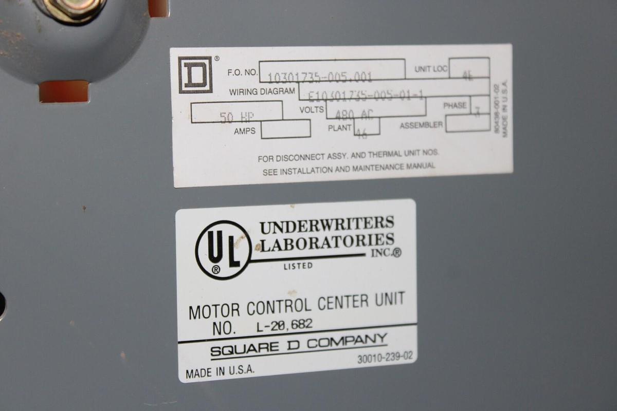Used SQUARE D MCC STARTER BUCKET MODEL 5 45" SIZE 3 10301735-005.001 *NO DOOR*